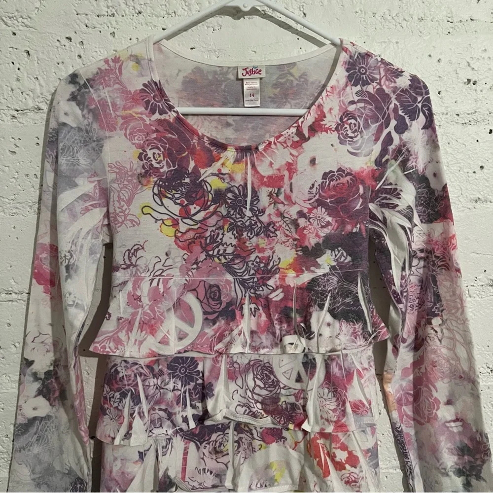 5/$25 Justice Girls Top 14 Pink Floral Sublimation Long Sleeve Tiered AQ11